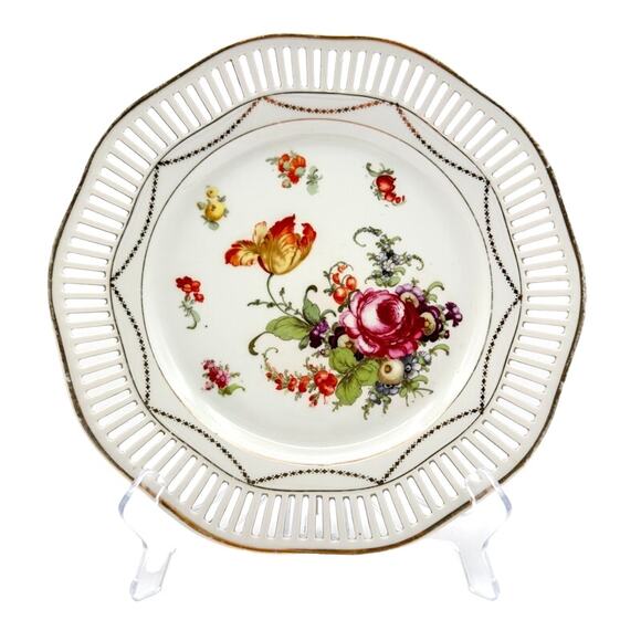 Bavaria Other - Bavarian Floral Plate Reticulated Hand Painted Bouquet Gold Trim Rim Garland